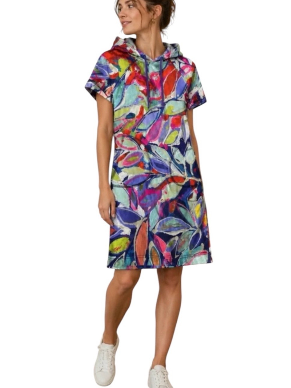 Claire Desjardins Abstract Leaf Print Wearable Art Short Sleeve Hoodie Dress
